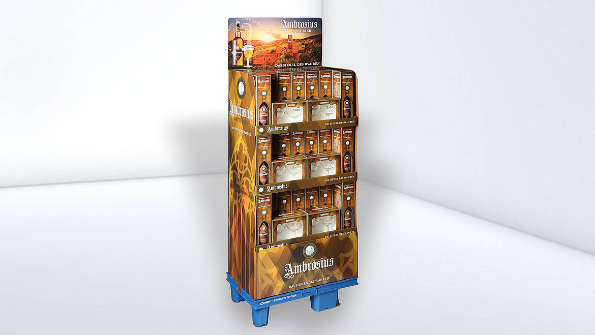 Brown display for bottles and glasses with logo print