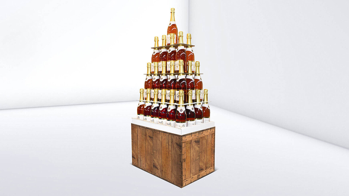Bottle display in a pyramid shape